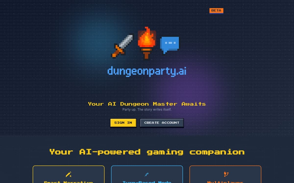 Dungeon Party's home page, in pixel-art style, with sign-in and create account buttons
