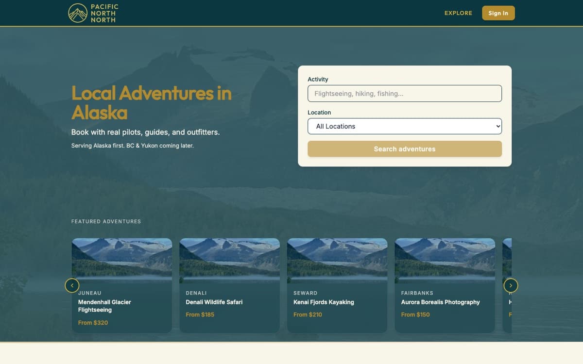 Pacific North North's home page: Local Adventures in Alaska, with a search by activity and location and featured trips